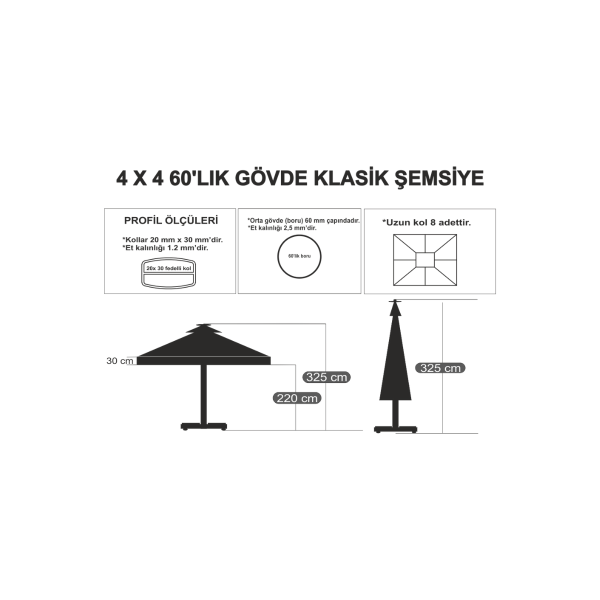 Bacalı Mermer Ayaklı Kare 4x4 Metre Dış Alan Şemsiye Kiralama - Görsel 3